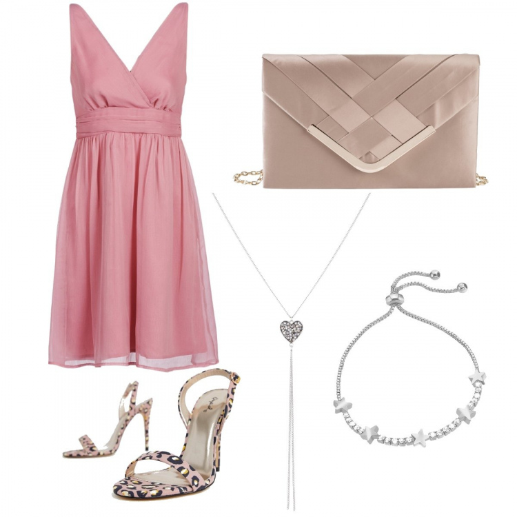 Outfit donna - Sexy #2746. Stile Sexy per Cerimonia. Abbinamento con gonne, vestito corto rosa, collana girocollo, sandali con cinturino nudo, bracciale, cintura con fibbia in denim lunghezza regolabile.