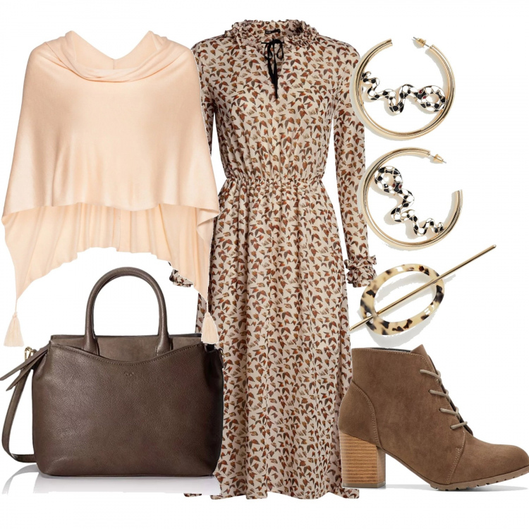 Outfit donna - Must autumn 2019. Stile Trendy per Tutti i giorni. Abbinamento con pantaloni, vestiti, vestito midi taglia media con laccetti aderente beige, borsa tote marrone, orecchini petite motivo serpente collo aperto oro, accessori per capelli petite con tacco spillo collo aperto.