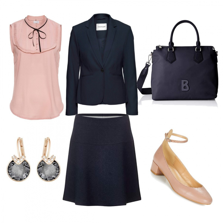 Outfit donna - Collegiale ma con stile. Stile Bon Ton per Scuola/Università. Abbinamento con blazer, blusa con fiocco e pizzo senza maniche nero e rosa, ballerine rosa, gonna blu, orecchini con cerchi in oro rosa grigio, borsa a mano cartella blu e blu scuro.