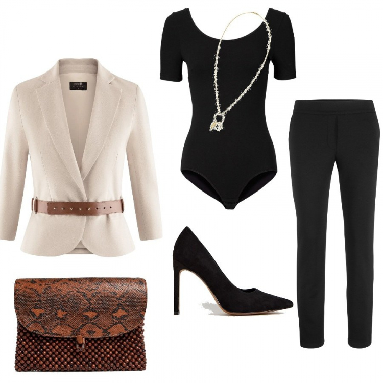 Outfit donna - Total look #317103. Abbinamento con body, pantaloni, blazer con cintura effetto testurizzato con zip e gancetti avorio, collane, pochette motivo serpente con perline, décolleté con tacco alto nero.