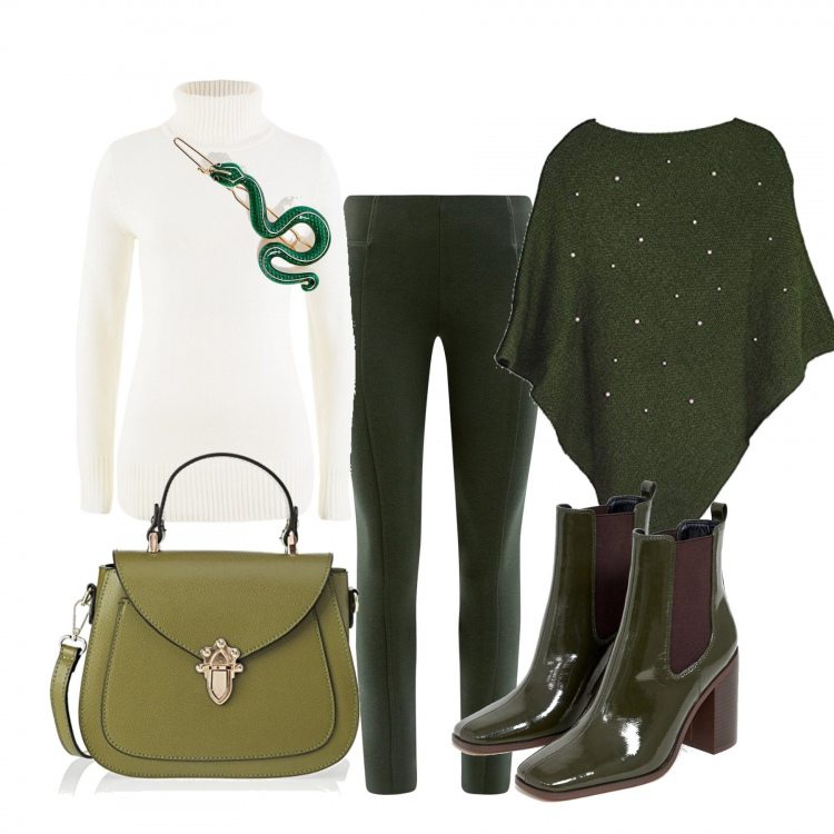 Outfit donna - Aria fresca. Stile Basic per Tutti i giorni. Abbinamento con maglieria, cappotti, leggings aderente verde, stivaletti chelsea verde, accessori per capelli petite animalier con gancetto oro, borse a mano.