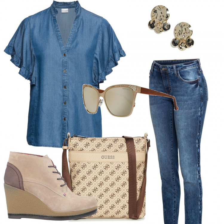 Outfit donna - Jeans in ufficio. Stile Urban per Ufficio. Abbinamento con jeans skinny, jeans, stivaletti con zeppe effetto scamosciato con punta tonda tinta unita, shopping bag beige, orecchini pendenti oro, occhiali da sole.