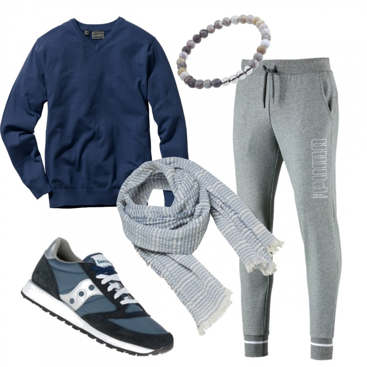Outfit uomo - Versatile pull basic. Stile Casual per Tutti i giorni. Abbinamento con maglieria, scarpe navy e argento e blu, sciarpe, pantalone con stampa grigio, bracciale.