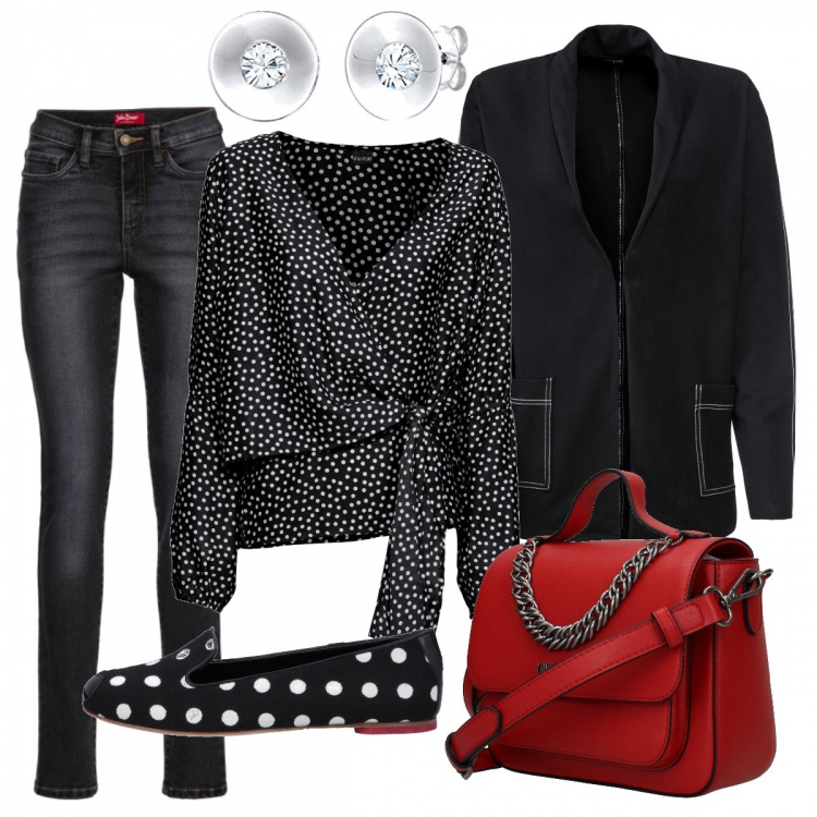 Outfit donna - Punto a capo. Stile Trendy per Scuola/Università. Abbinamento con jeans slim fit, blusa a portafoglio fantasia nero, cardigan contrasto jersey nero, mocassini, borse a mano, orecchini a perno effetto lucido argento.