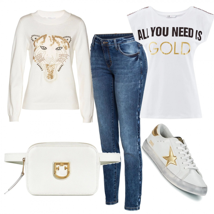 Outfit donna - All you need is gold. Stile Basic per Scuola/Università. Abbinamento con jeans skinny, maglione con stampa e paillettes bianco, borsa, sneakers, t-shirt con stampa aderente bianco.