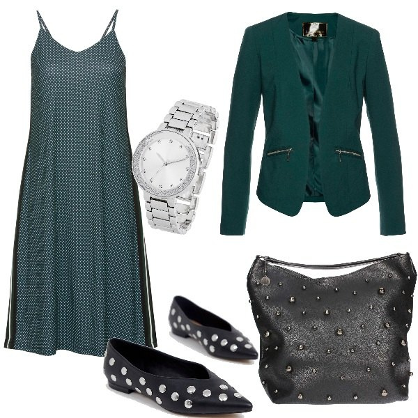 Outfit donna - Monday Style: un rientro a pois. Stile Trendy per Ufficio. Abbinamento con blazer, pantaloni, orologio con strass argento, borsa a tracolla nero, ballerine.