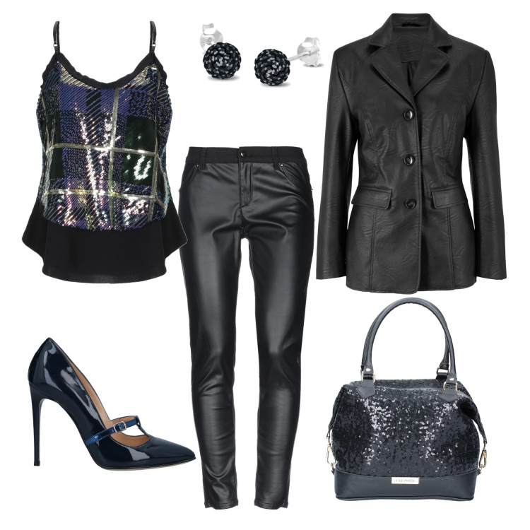 Outfit donna - Anniversario...sexi. Stile Sexy per Serata fuori. Abbinamento con blazer, top con strass fantasia multicolore scollatura profonda senza maniche jersey, pantalone con zip in pelle sintetica tinta unita, décolleté effetto vernice con tacco spillo e fibbia a punta tinta unita, borsetta nero, orecchini.