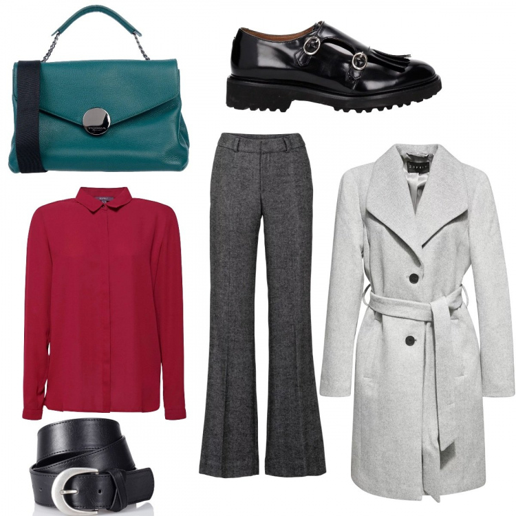 Outfit donna - Il cappotto grigio chiaro. Stile Chic per Tutti i giorni. Abbinamento con pantaloni a palazzo, cinture, borsa a mano con manico in pelle martellata taglia media interno foderato in pelle tinta unita blu, scarpe derby con pizzo e frange con fibbia in pelle nero, cappotti, camicie.