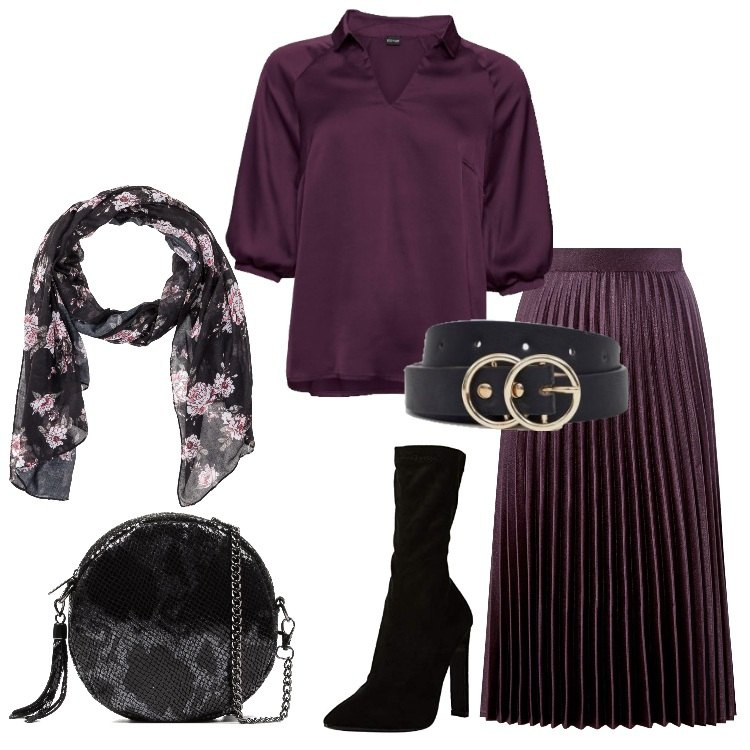 Outfit donna - Viola bacca. Stile Bon Ton per Tutti i giorni. Abbinamento con reggiseni, orecchini, gonna al ginocchio lunga plissè con zip e pieghe viola, stiletti, borsa a tracolla made italy con stampa effetto scamosciato con zip interno foderato nero, cintura con fibbia lunghezza regolabile nero.