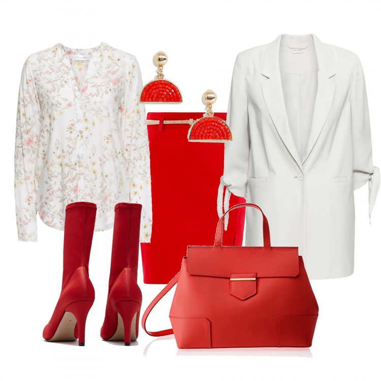 Outfit donna - Lo stivale rosso. Stile Sexy per Serata fuori. Abbinamento con camicie, blazer taglio dritto beige, stivali, gonna con cintura e spacco rosso, borse a spalla, orecchini pendenti farfalla con perline oro.