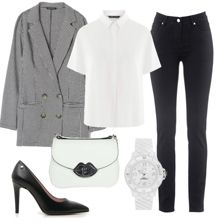 Outfit donna - Un bacio in borsa. Stile Basic per Ufficio. Abbinamento con jeans dritti, giacca doppiopetto lunga fantasia nero, borsa bianco, camicie a manica corta, décolleté, orologio.