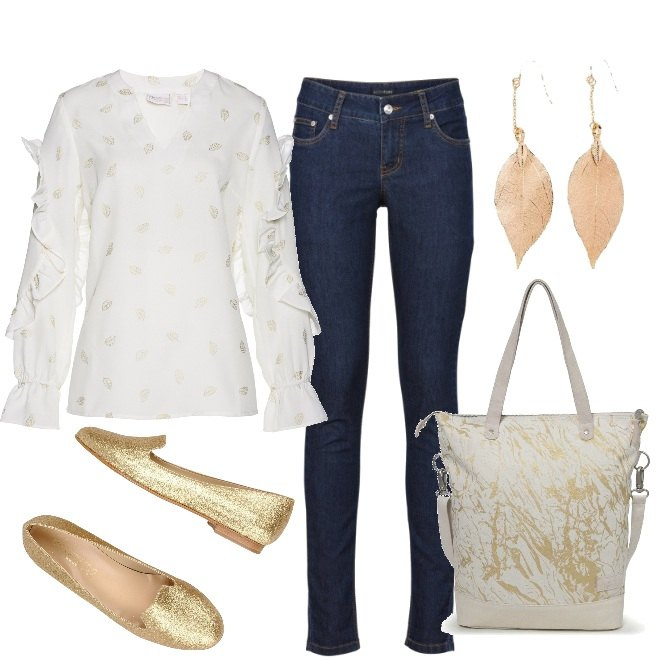 Outfit donna - Denim, bianco e oro in ufficio. Stile Bon Ton per Ufficio. Abbinamento con jeans skinny, tunica taglio dritto spacchi laterali bianco, orecchini, mocassini, shopping bag bianco.