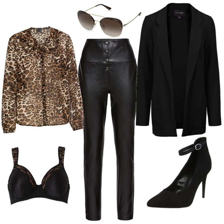 Outfit donna - Kate Moss low cost. Stile Trendy per Tutti i giorni. Abbinamento con reggiseni, gonne, maglieria, blazer, slip nero, occhiali da sole oro.