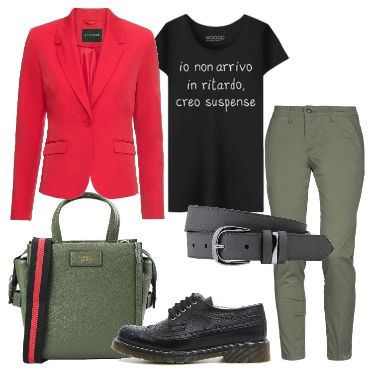 Outfit donna - Suspense in facoltà. Stile Basic per Scuola/Università. Abbinamento con blazer, cinture, pantalone con zip tinta unita, borsa a mano taglia media con zip interno foderato in pelle sintetica tinta unita, t-shirt girocollo a maniche corte nero, scarpe stringate.