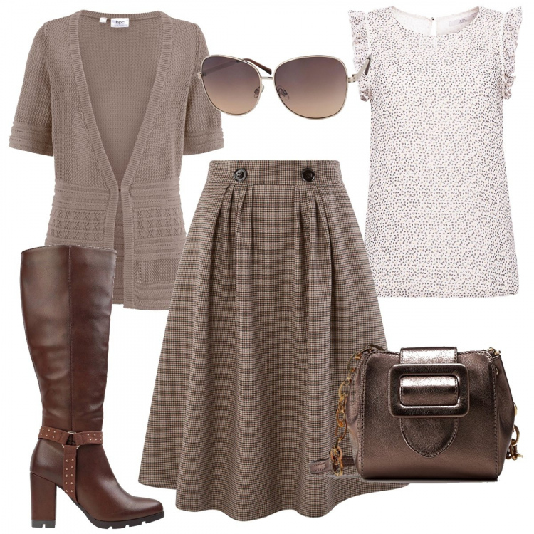 Outfit donna - La gonna bon ton. Stile Bon Ton per Tutti i giorni. Abbinamento con stivali contrasto con tacco squadrato e zip interno foderato con punta tonda in pelle sintetica tinta unita, cardigans, gonne longuette, camicia bianco, pochette, occhiali da sole lenti a specchio marrone.