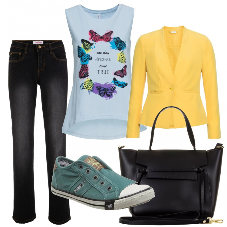 Outfit donna - Colorata per il ritorno a scuola. Stile Basic per Scuola/Università. Abbinamento con vestiti corti, blazer, pantalone bootcut in denim elasticizzato nero, borsa a tracolla made italy con zip e manico con gancetto nero, sneakers turchese.