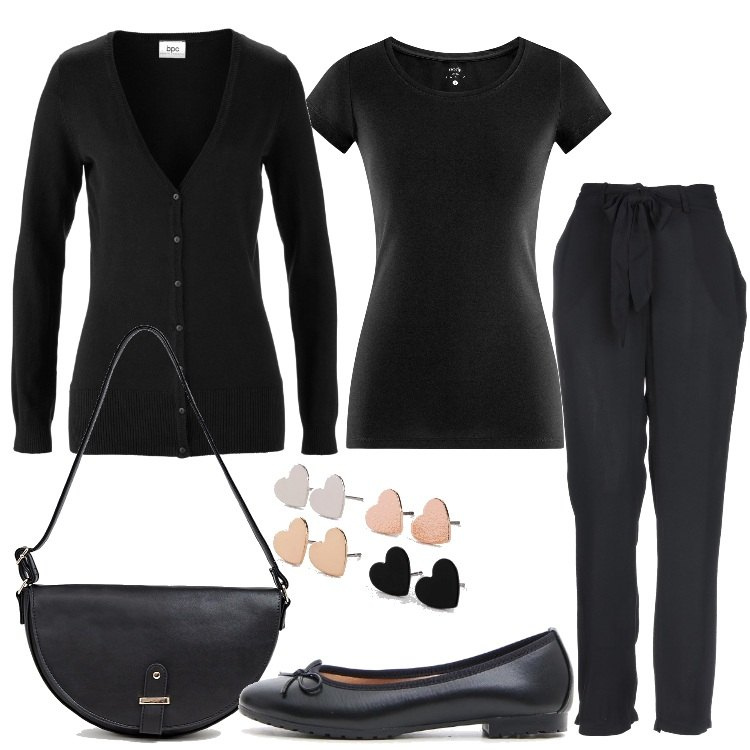 Outfit donna - Dress code is black. Stile Basic per Tutti i giorni. Abbinamento con cardigans, orecchini oro, pantalone crêpe, ballerine, t-shirt, pantalone corto con stampa e tracolla regolabile nero.