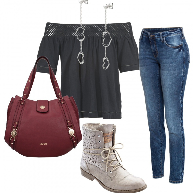 Outfit donna - Stivaletto ricamato. Stile Trendy Abbinamento con jeans skinny, stivaletti, borsa a spalla con tasca interna rosso, camicetta grigio, orecchini in argento 925.