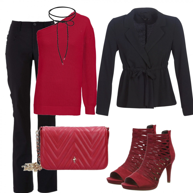 Outfit donna - Sexy #2768. Stile Sexy per Serata fuori. Abbinamento con pantaloni, tuta corta, borsa a tracolla rosso, blazer, sandali, collane.