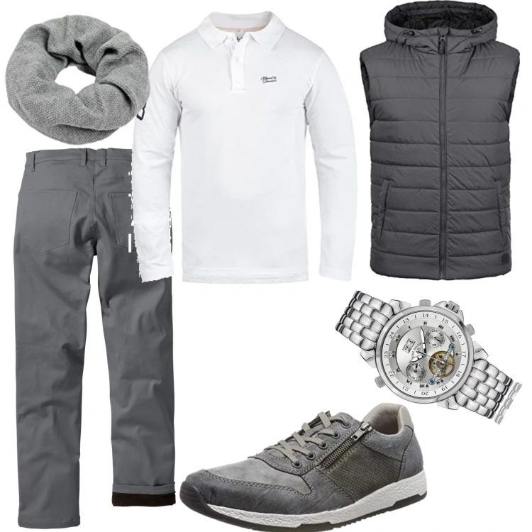 Outfit uomo - Urban #874. Stile Urban per Tutti i giorni. Abbinamento con pantaloni, gilet collo alto con zip e logo grigio, felpa spacchi laterali piqué bianco, orologio collo aperto con fibbia argento, scarpe da ginnastica grigio, sciarpa.