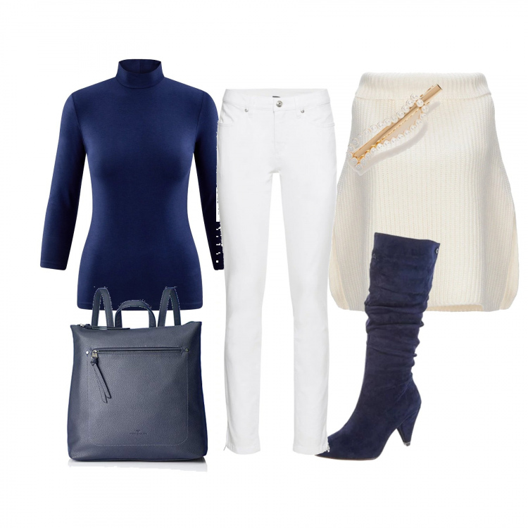 Outfit donna - Blue and white winter. Stile Basic per Tutti i giorni. Abbinamento con jeans skinny, mantella senza tasche lavorato a maglia collo alto interno sfoderato tinta unita, maglione collo a dolcevita aderente blu, stivali, accessori per capelli petite con perle e gancetto oro, borsa a mano blu.