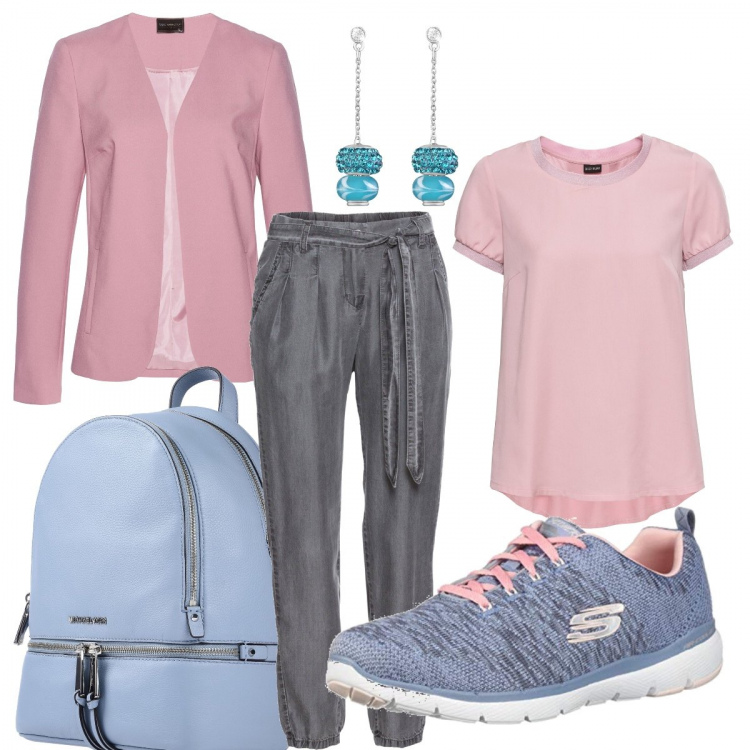 Outfit donna - Ok la scarpa è giusta!. Stile Urban per Tutti i giorni. Abbinamento con borsa, pantaloni, tuniche, blazer con zip viola, scarpe da ginnastica grigio e rosa, orecchini.
