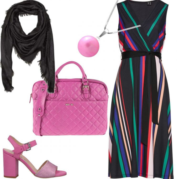 Outfit donna - PoiaCena#curvystyle. Stile Chic per Ufficio. Abbinamento con vestiti, sandali col tacco, borsa taglia media con zip interno foderato tinta unita, sciarpe, collana in oro bianco rosa.