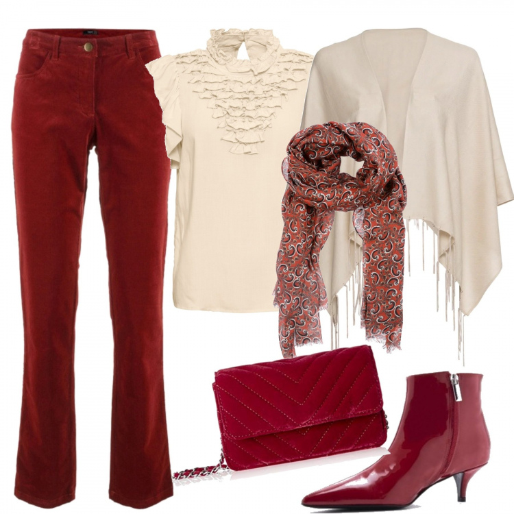Outfit donna - Velvet bohemienne. Stile Trendy per Tutti i giorni. Abbinamento con pantaloni, maglieria, cappotti, stola fantasia multicolore con frange, tronchetti, body in velluto.