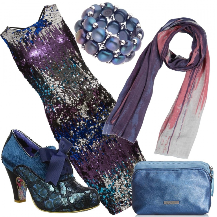 Outfit donna - Laminato in tutte le sfumature. Stile Chic per Cerimonia. look ideale per Tall. Abbinamento con vestiti, stola fantasia multicolore, scarpe col tacco blu, pochette, anello.