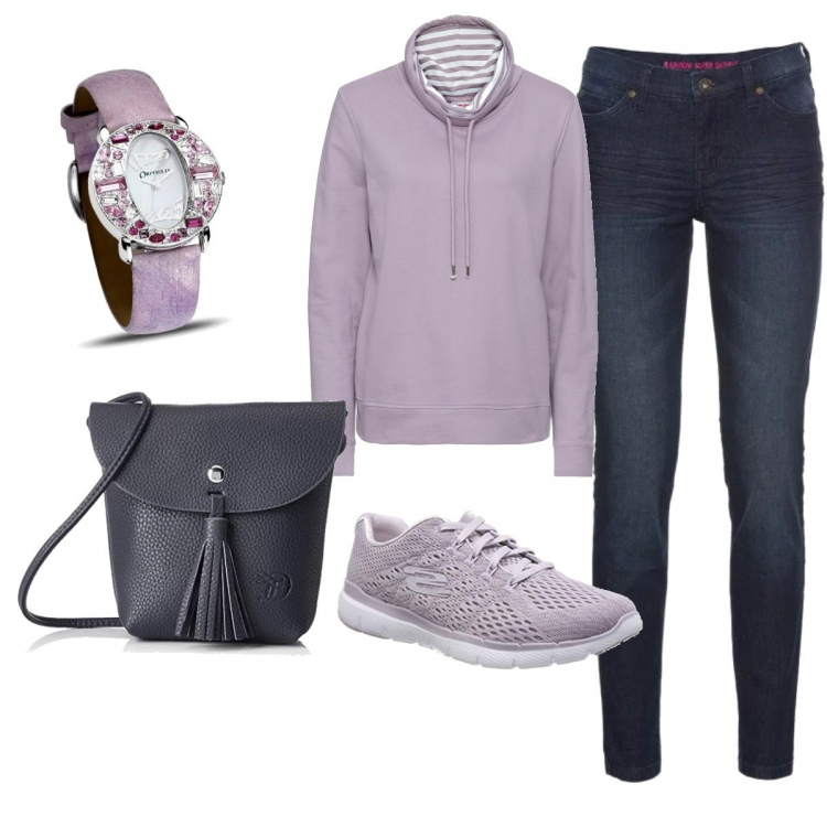 Outfit donna - Orologio con fiori. Stile Basic per Tutti i giorni. Abbinamento con jeans skinny, maglieria, scarpe da ginnastica viola, borsa a tracolla in denim blu, orologi.