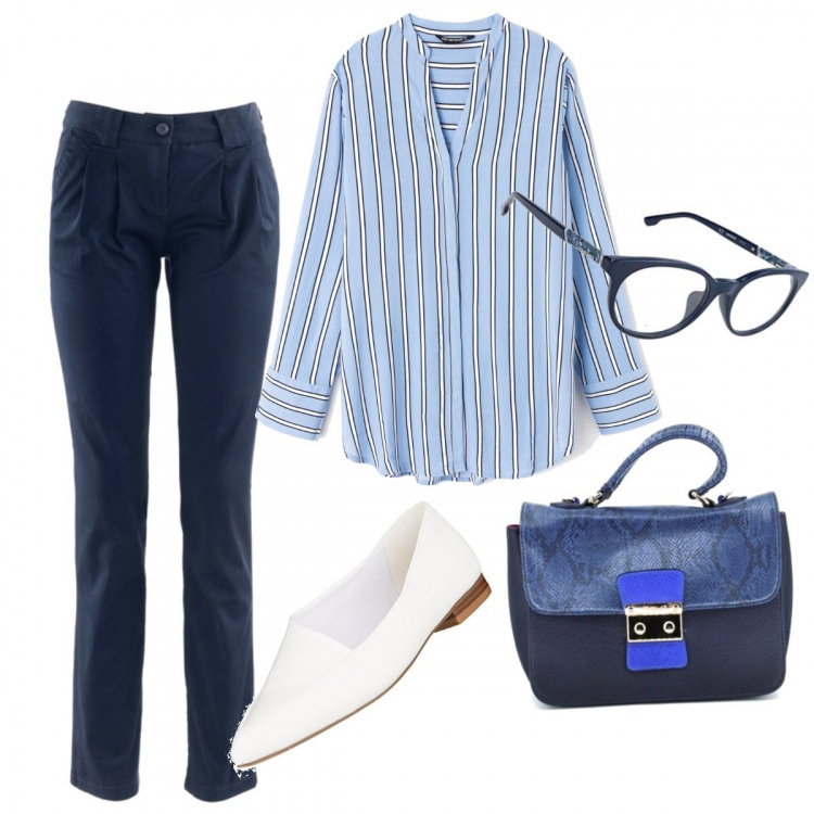 Outfit donna - Comoda con stile. Stile Basic per Tutti i giorni. Abbinamento con pantaloni chino, camicia a righe collo coreana, borsa a mano, ballerine, occhiali.