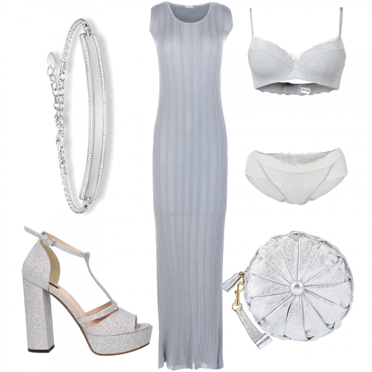 Outfit donna - Elodie sul Red Carpet. Stile Sexy per Cerimonia. Abbinamento con vestito lungo, completo intimo, borsa a mano mini in pelle martellata con zip tinta unita, sandali, braccialetto.