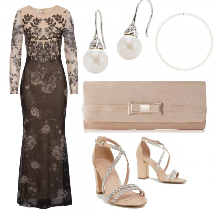 Outfit donna - Chic #12507. Stile Chic per Cerimonia. Abbinamento con vestiti, orecchini, sandali con strass e cinturino in oro rosa, collana con perle bianco, pochette.