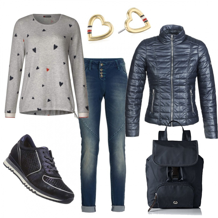 Outfit donna - Jeans e cuoricini. Stile Basic per Tutti i giorni. Abbinamento con jeans boyfriend, piumino blu, t-shirt melange a maniche lunghe multicolore e grigio, scarpa sportiva, zaino, orecchini a clip.