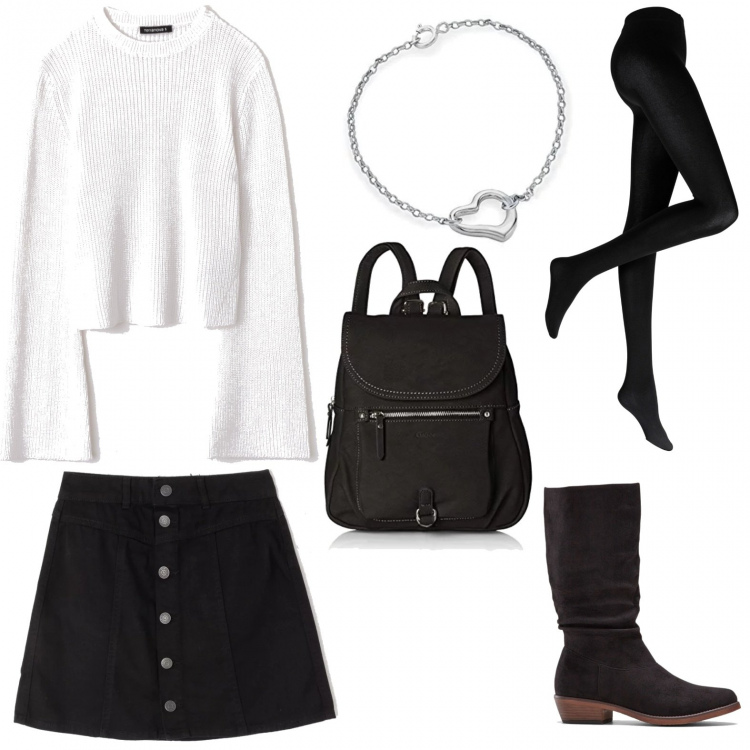 Outfit donna - Trendy in autunno. Stile Trendy per Serata fuori. Abbinamento con collant, stivali nero, gonna forma svasata con bottoni nero, maglia a zampa lunga effetto ottico girocollo crop tinta unita bianco, bracciale in sterling 925 ipoallergenico argento e bianco, zaino con manico e zip nero.