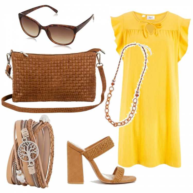 Outfit donna - Settembre in Puglia. Stile Trendy per Tutti i giorni. Abbinamento con braccialetti, vestiti, borsa a tracolla made italy effetto scamosciato con zip forma intrecciata, sandali effetto strappato con tacco largo e fasce con punta quadrata in denim, collana, occhiali da sole.