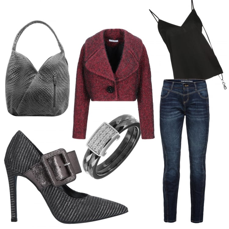 Outfit donna - Autunno. Stile Bon Ton per Tutti i giorni. Abbinamento con jeans boyfriend, giacca lavorato a maglia collo con revers a maniche lunghe interno foderato tinta unita, décolleté lavorato a maglia con fibbia a punta in pelle sintetica tinta unita, top scollatura profonda senza maniche twill, borsa a tracolla made italy fantasia geometrica effetto scamosciato con zip interno foderato forma intrecciata grigio, anelli.