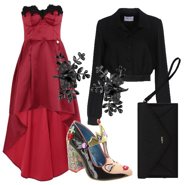 Outfit donna - Come in una favola. Stile Sexy per Cerimonia. Abbinamento con vestito corto con pizzo senza maniche con zip interno sfoderato in raso tinta unita, giacca effetto acetato collo classico a maniche lunghe interno foderato in raso tinta unita, pochette, orecchini con strass a clip, décolleté con cinturino nero.