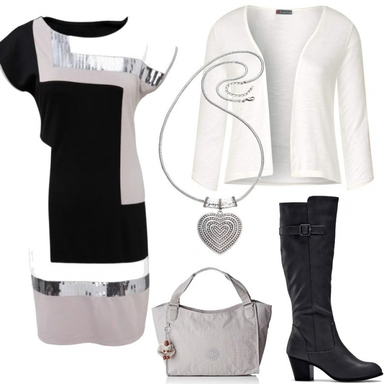Outfit donna - Lo stivale nero passepartout. Stile Basic per Tutti i giorni. Abbinamento con stivali, vestiti, vestiti, bolero, borsa a spalla grigio.