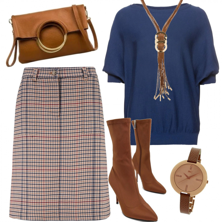 Outfit donna - L\'ideale per la mezza stagione. Stile Basic per Ufficio. Abbinamento con maglieria, gonne, collana lunga oro, stivaletti contrasto con zip a punta, borsa a tracolla made italy tinta unita, orologi.