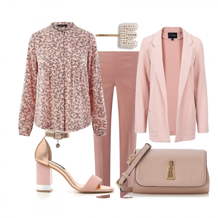 Outfit donna - Abbigliamento elegante. Stile Chic per Serata fuori. Abbinamento con vestiti corti, camicie, pantaloni chino, sandali, accessori per capelli petite con perle e gancetto oro, pochette beige.