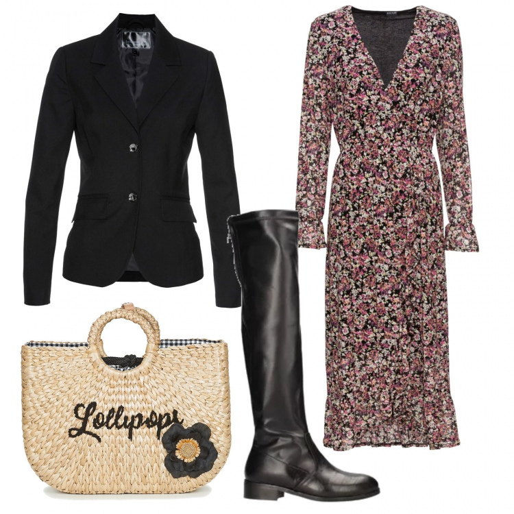 Outfit donna - La borsa dal gusto estivo. Stile Basic per Tutti i giorni. Abbinamento con vestiti lunghi, blazer nero, stivali nero, shopping bag beige.