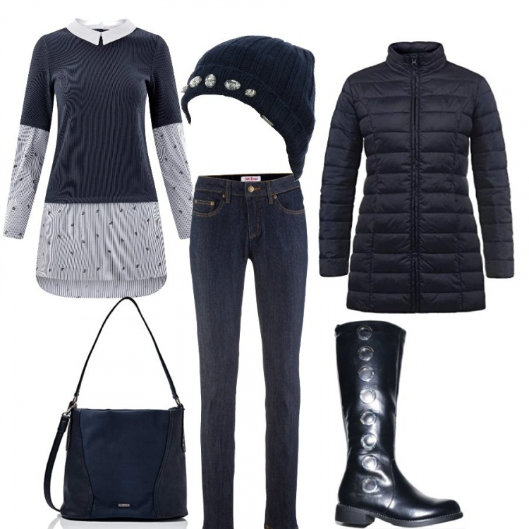 Outfit donna - Ci prepariamo per il freddo. Stile Basic per Tutti i giorni. Abbinamento con jeans skinny, stivali, berretto blu, parka, maglione aderente blu, shopping bag navy.