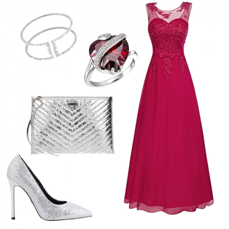 Outfit donna - Red carpet. Stile Chic per Cerimonia. Abbinamento con pochette, vestito con pizzo, anello in sterling 925 argento e multicolore, scarpe col tacco, bracciale.