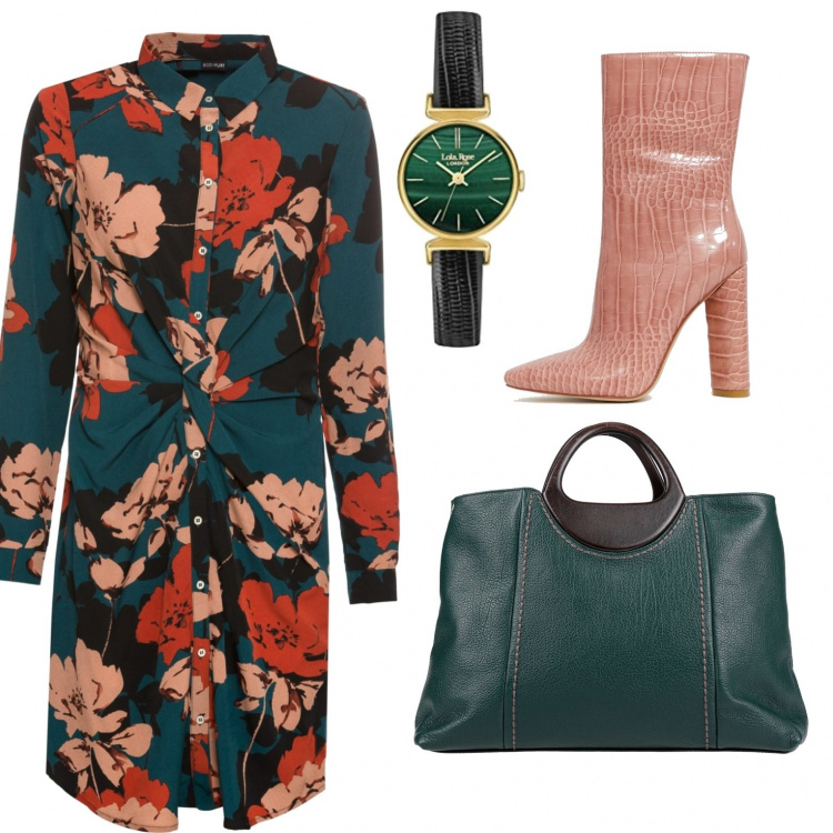 Outfit donna - Lo chemisier. Stile Chic per Tutti i giorni. Abbinamento con borsa a mano in pelle martellata taglia media con zip interno foderato tinta unita, vestiti, stivaletti con tacco largo e zip a punta, orologio analogico rosa.