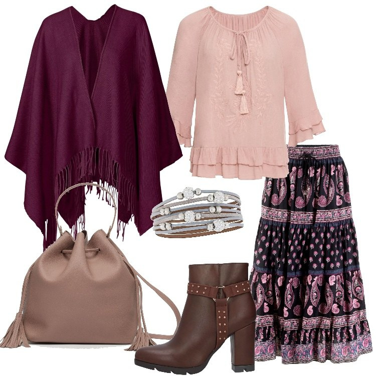 Outfit donna - Bohémien mood. Stile Etnico per Tutti i giorni. Abbinamento con gonne lunghe, tuniche, cappotti, maglieria, stivaletti shantung con tacco squadrato e zip con punta tonda tinta unita, borsa a tracolla secchiello con frange e coulisse fondo con piedini beige.