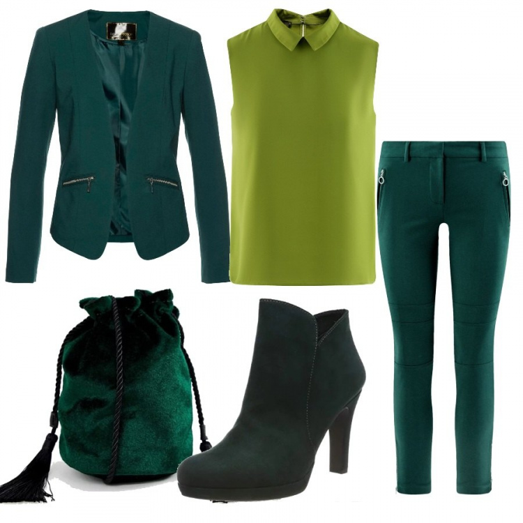 Outfit donna - Toni di verde. Stile Trendy per Ufficio. Abbinamento con blazer, pantaloni, camicetta aderente verde, stivaletti, borsa a tracolla con coulisse in velluto con nappine.