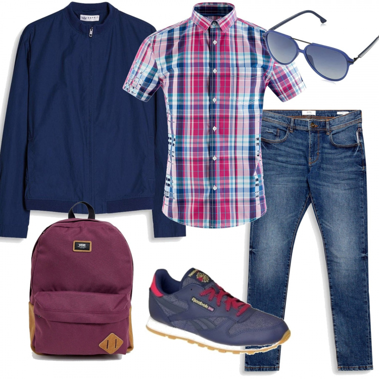 Outfit uomo - #bantoauomo scampagnata. Stile Casual per Tutti i giorni. Abbinamento con sneakers, jeans skinny, giacca navy, camicie, zaino con manico e zip con bretelle e scomparti rosso, occhiali da sole blu e blu scuro.