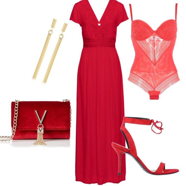 Outfit donna - Sexy #2813. Stile Sexy per Cerimonia. look ideale per Tall. Abbinamento con vestiti lunghi, body con ferretto e pizzo in tulle tinta unita, sandali col tacco, pochette rosso e oro, orecchini in oro giallo 9ct.