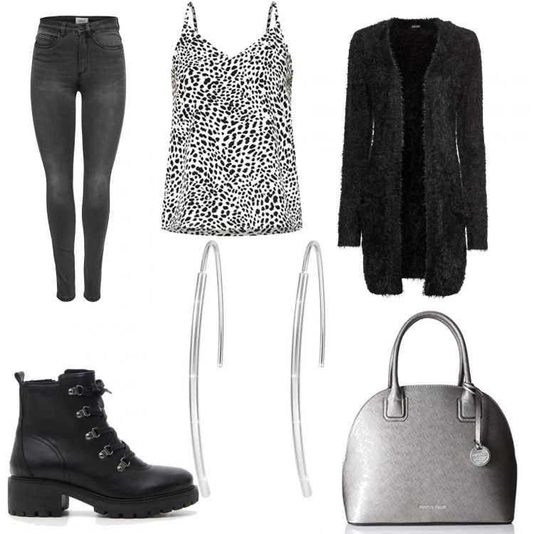 Outfit donna - Urban #7013. Stile Urban per Tutti i giorni. Abbinamento con cardigans, jeans skinny, scarponcini, borsetta effetto metallizzato grigio, top, orecchini.